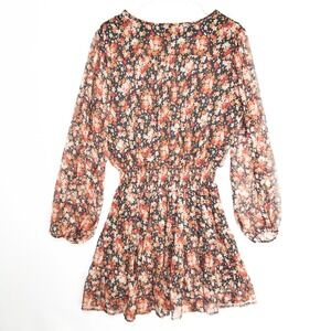 Easel Smocked Waist Burnt Orange Tie Neck Chiffon Overlay Mini Dress Womens S